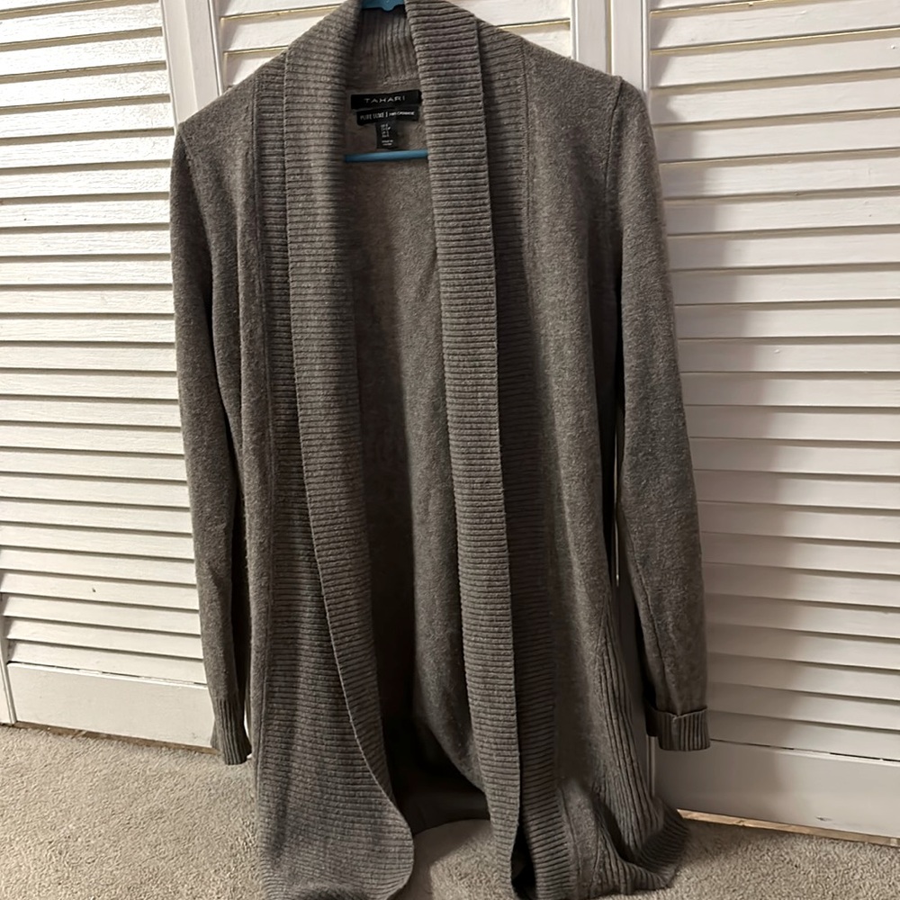 Tahari taupe 100% cashmere open front sweater.  Size S.
